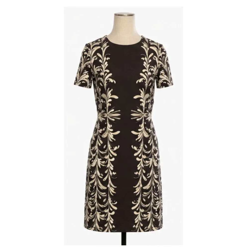 Tory Burch Printed Sheath Mini Dress XS Brown Ivory Short Sleeve Stretch